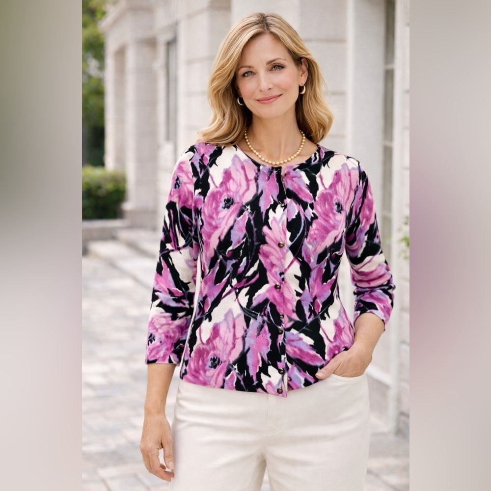 Talbots Womens Cardigan Sz MP M Petite Silk Cotton Watercolor Floral Sweater